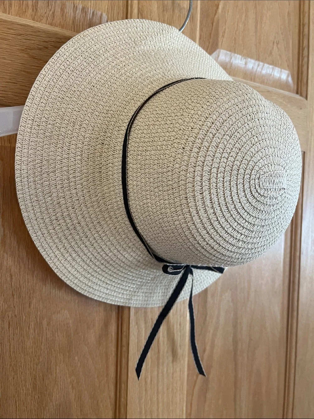 Girl’s Cream Straw Sun Hat with Black Bow Accent